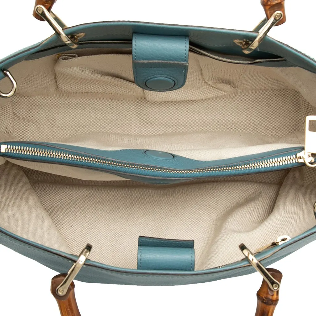 Gucci Medium Calfskin Bamboo Shopper Satchel Blue Leather Very good - Model View