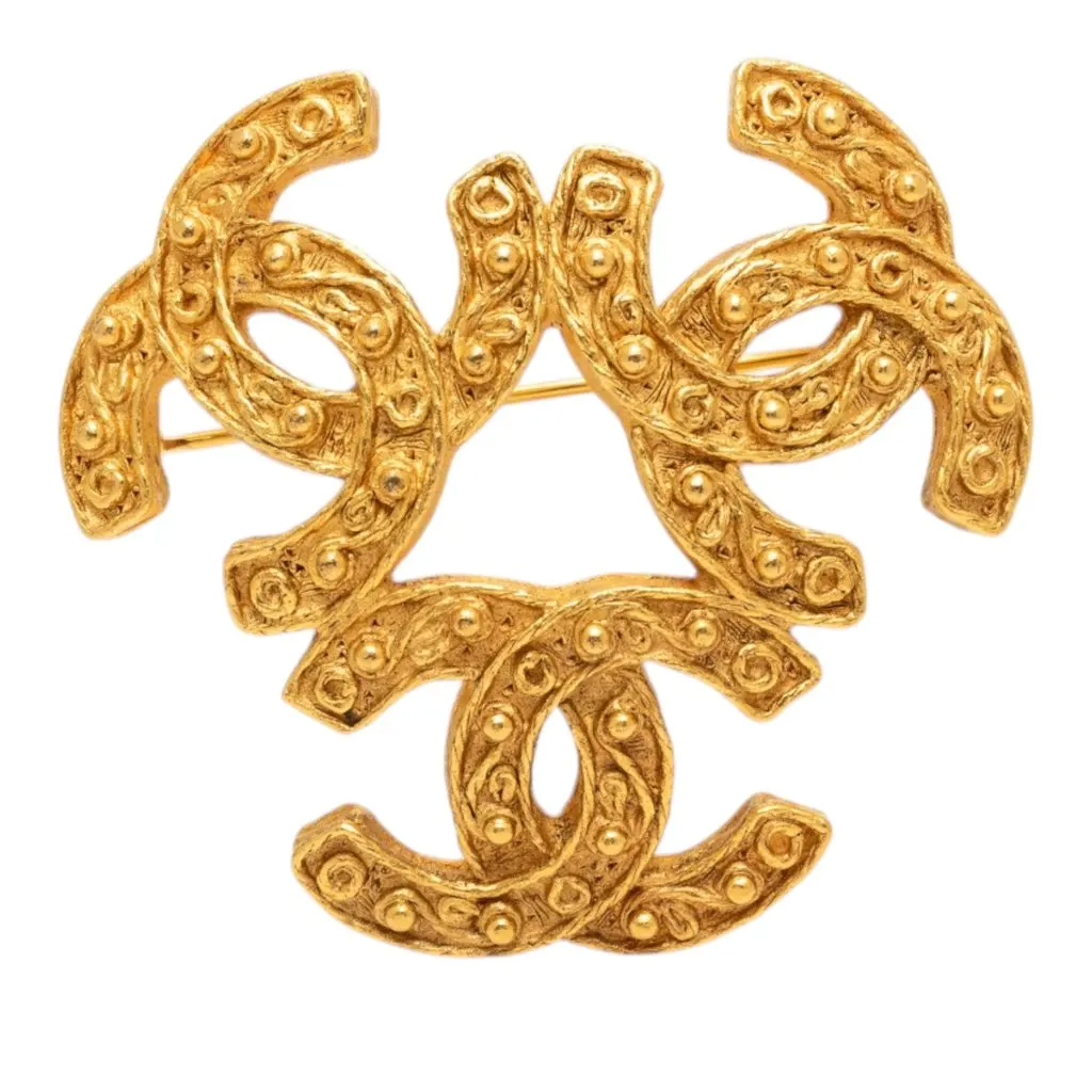 Chanel Gold Plated Triple CC Brooch Gold Metal Very good - Front View