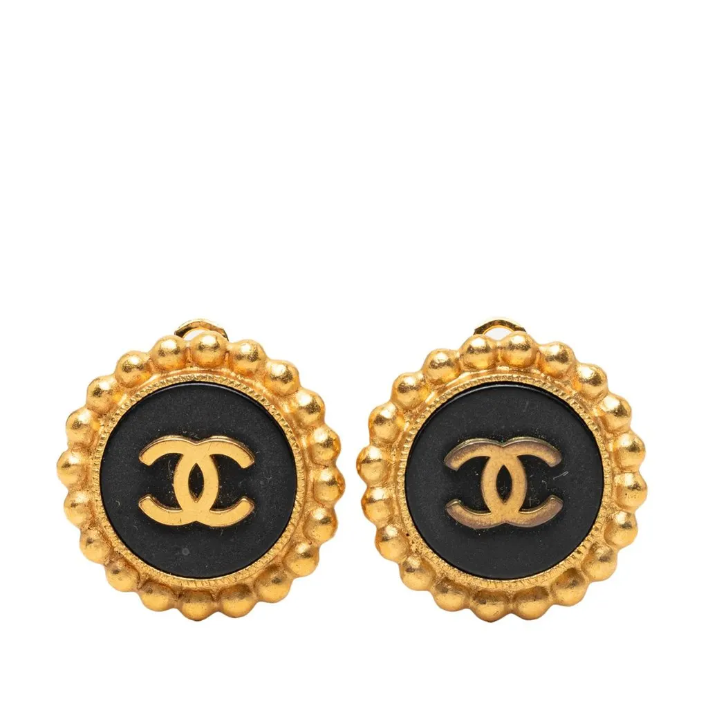 Chanel CC Gold Plated Enamel Round Clip On Earrings