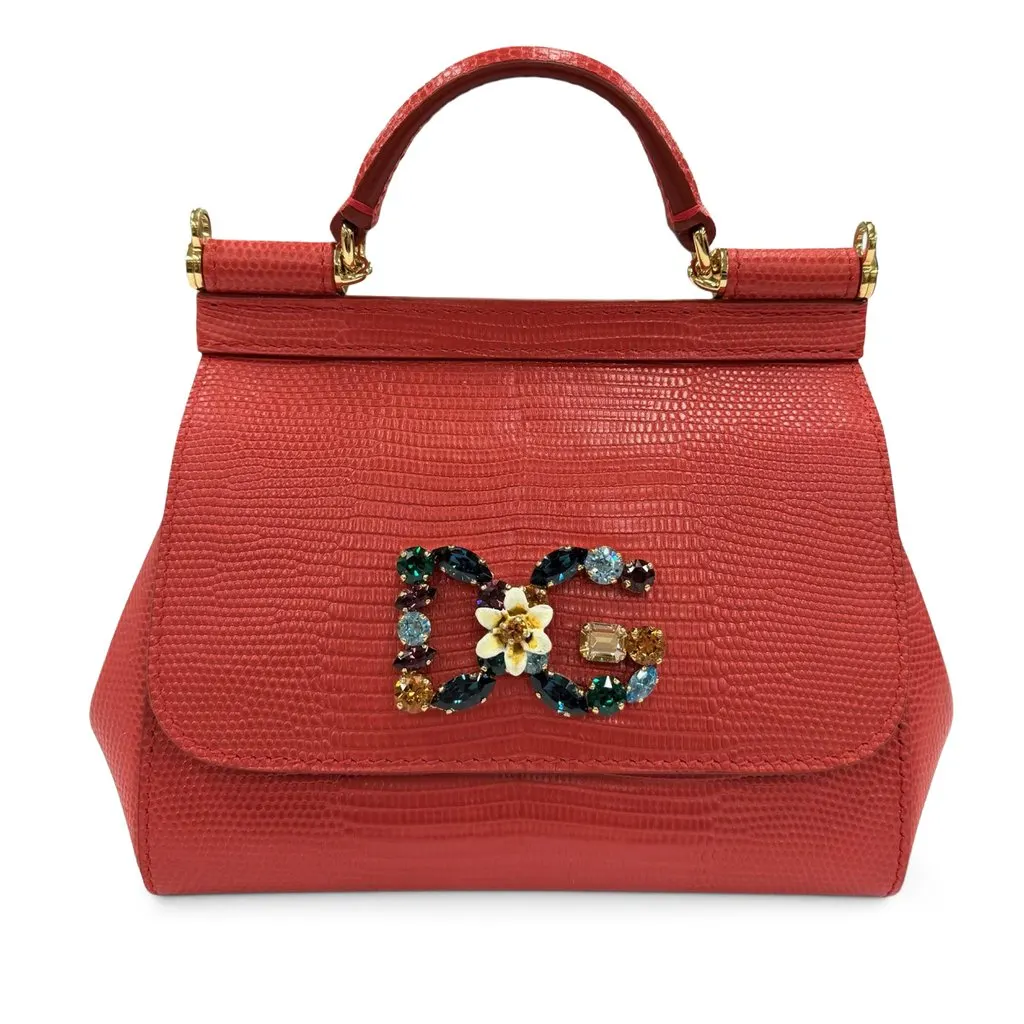 Dolce & Gabbana Small Iguana Embossed Calfskin Miss Sicily Satchel Red Leather Very good - Front View