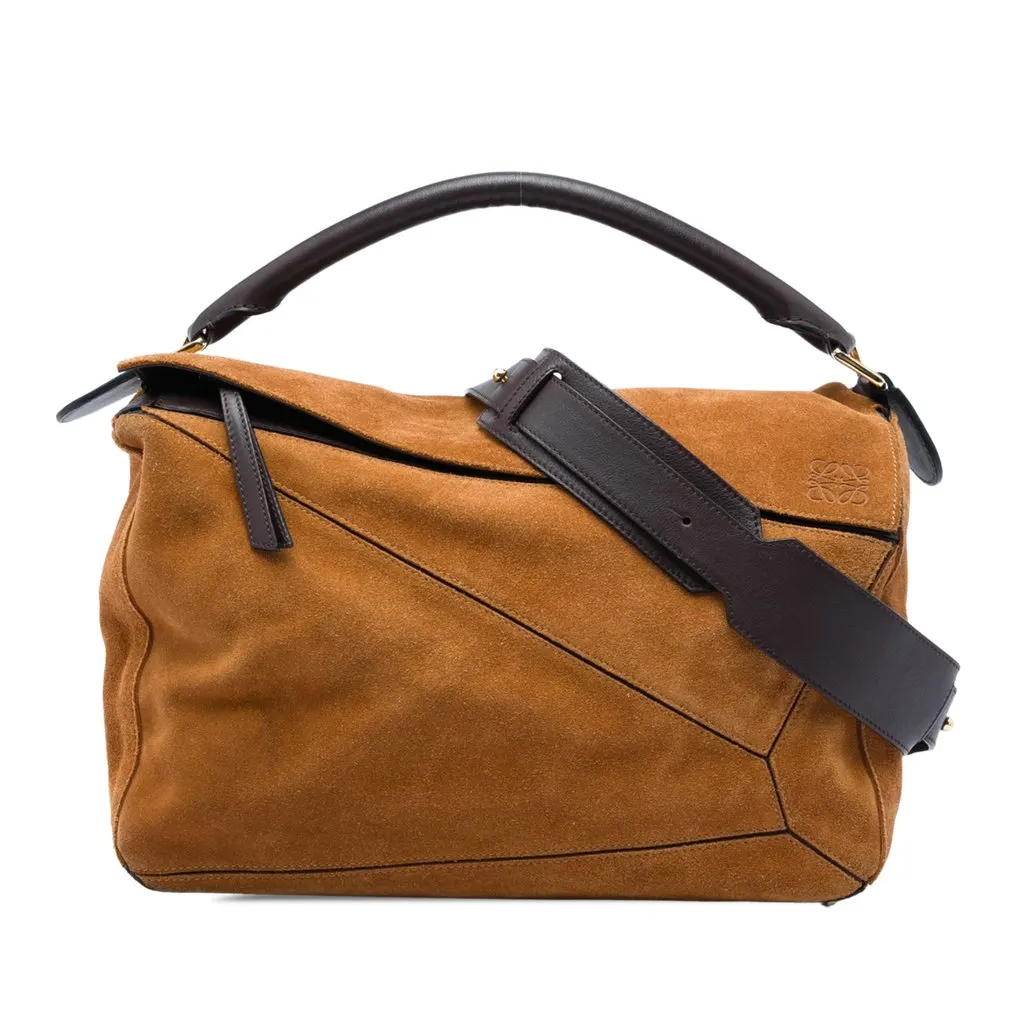 LOEWE Large Suede Puzzle Satchel Brown Leather Very good - Front View