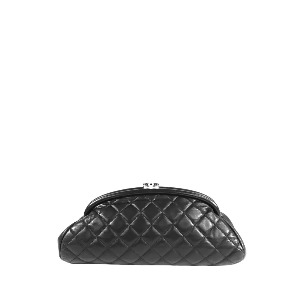 Chanel Quilted Lambskin Timeless Kisslock Clutch Black Leather Very good - Front View