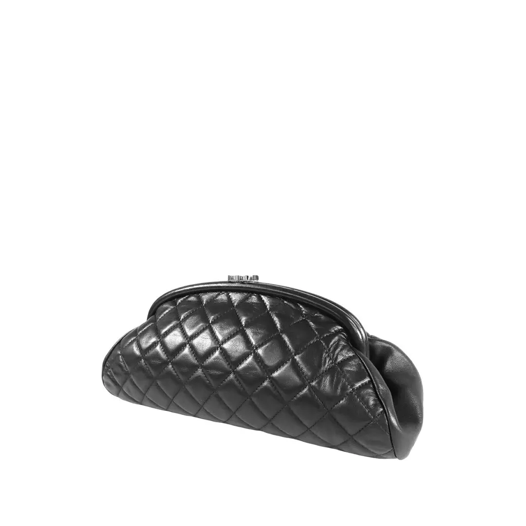 Chanel Quilted Lambskin Timeless Kisslock Clutch Black Leather Very good - Back View
