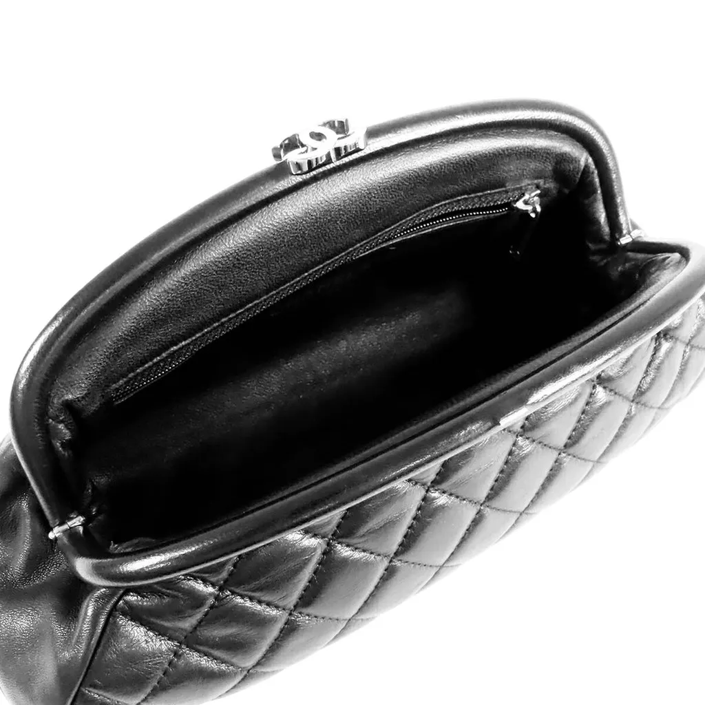 Chanel Quilted Lambskin Timeless Kisslock Clutch Black Leather Very good - Model View