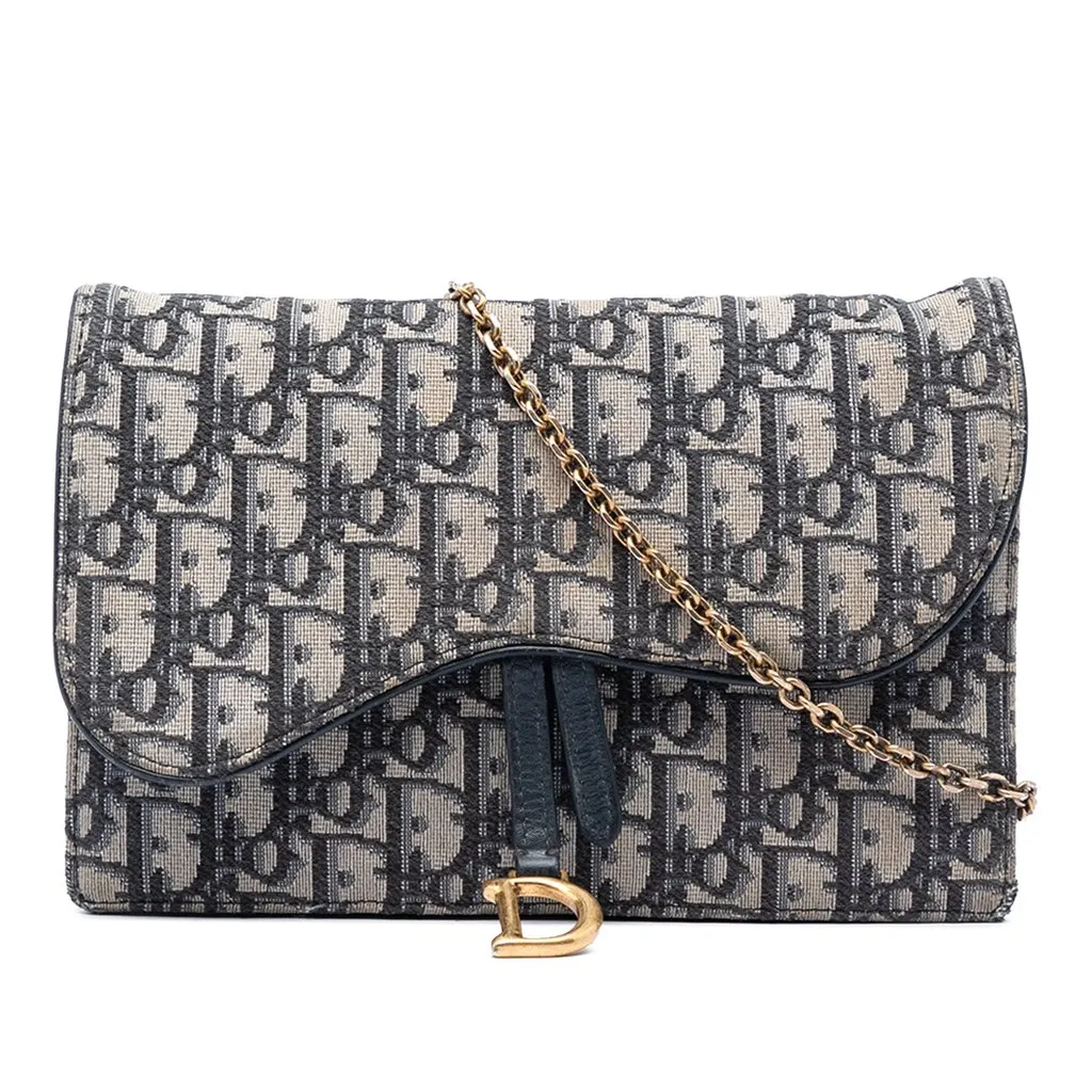 Dior Oblique Canvas Saddle Pouch Wallet on Chain Blue Very good - Front View