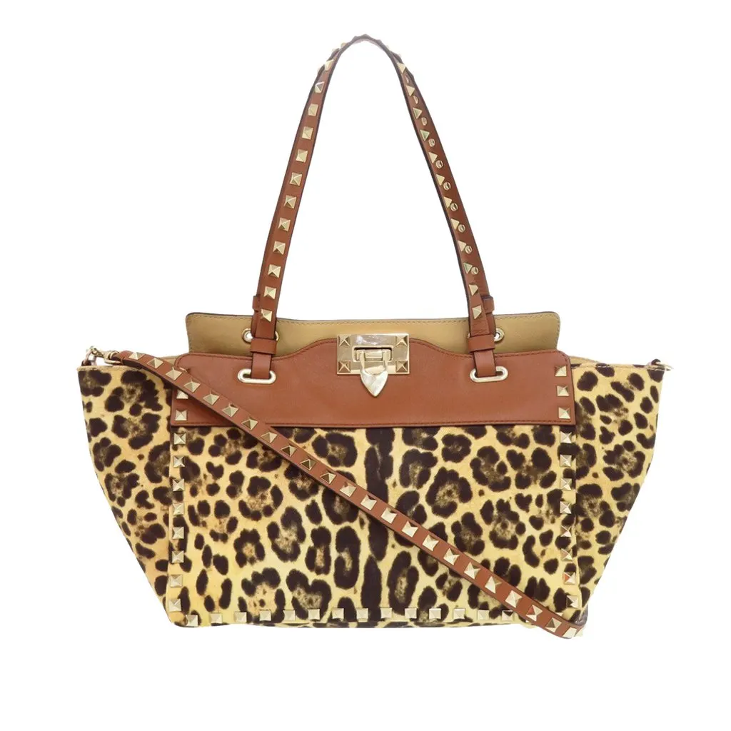 Valentino Small Leopard Printed Canvas Rockstud Trapeze Satchel Brown Canvas Good - Front View