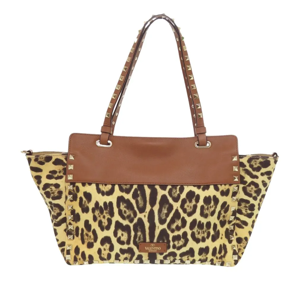 Valentino Small Leopard Printed Canvas Rockstud Trapeze Satchel Brown Canvas Good - Back View