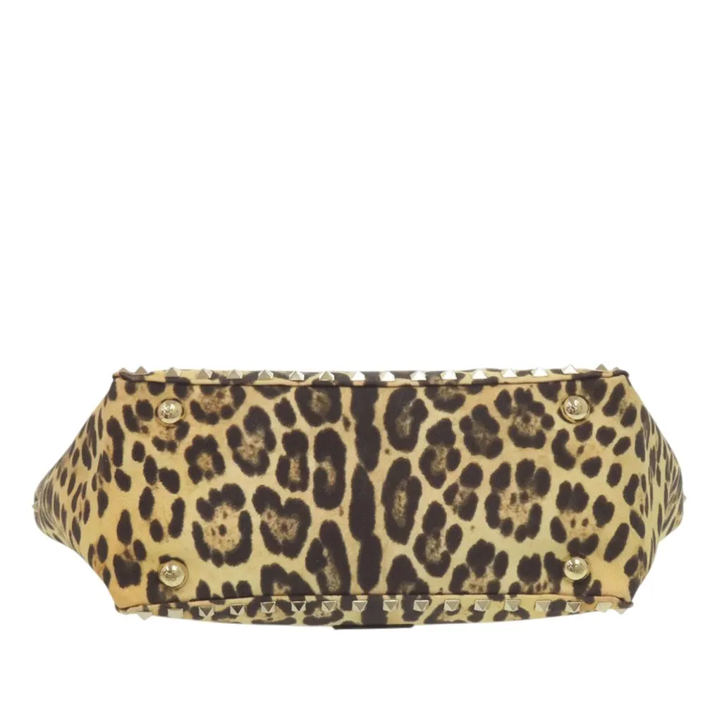 Valentino Small Leopard Printed Canvas Rockstud Trapeze Satchel Brown Canvas Good - Inside View