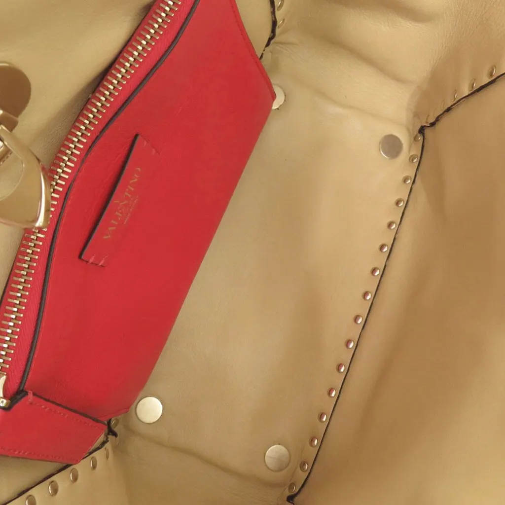 Valentino Small Leopard Printed Canvas Rockstud Trapeze Satchel Brown Canvas Good - Model View