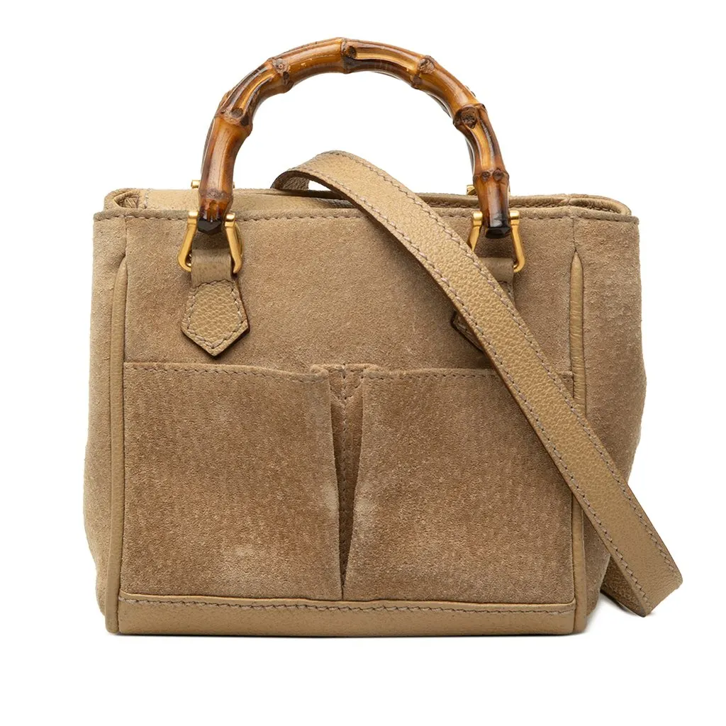 Gucci Mini Suede Bamboo Satchel Brown Leather Good - Front View