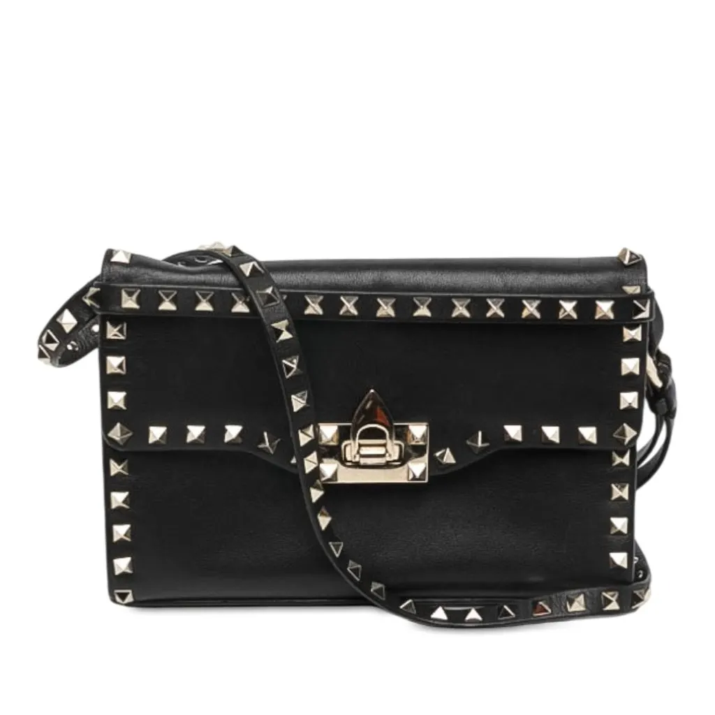 Valentino Small Leather Rockstud Flip Lock Crossbody Black Leather Very good - Front View