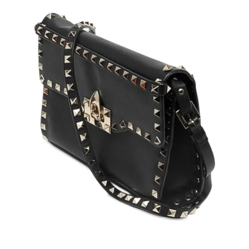 Valentino Small Leather Rockstud Flip Lock Crossbody Black Leather Very good - Back View