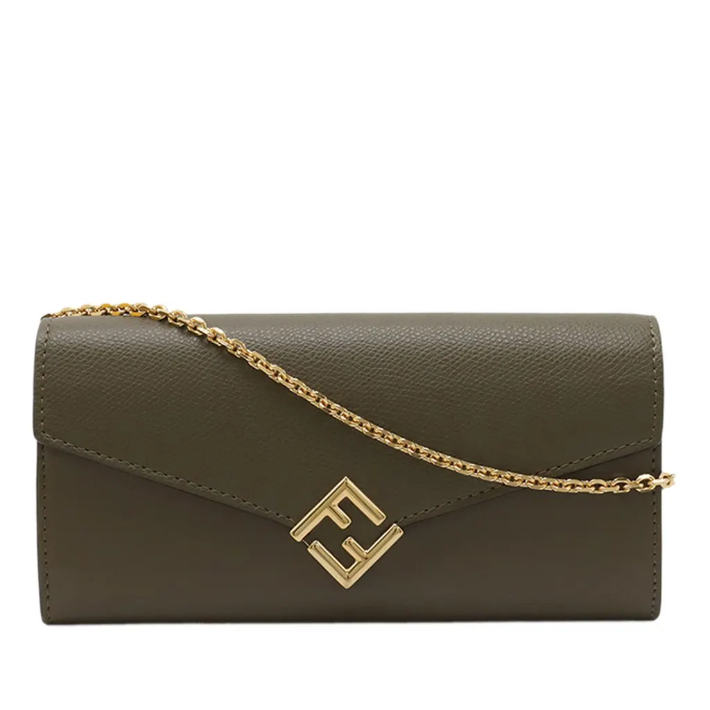 Fendi Smooth and Grained Calfskin Vitello King Cruise FF Diamonds Continental Envelope Wallet On Chain Brown Leather Very good - Front View