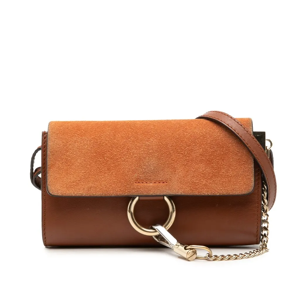 Chloé Mini Calfskin and Suede Faye Chain Crossbody Brown Leather Good - Front View