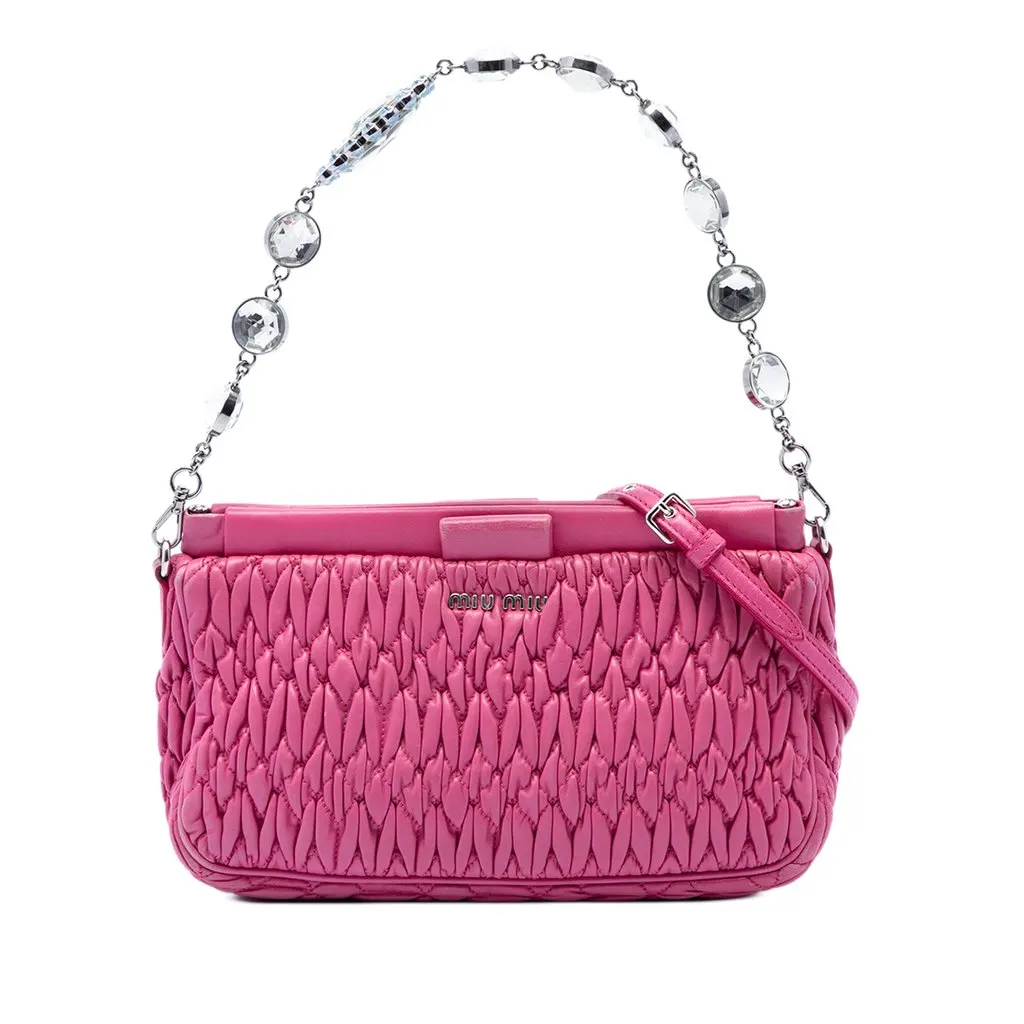 Miu Miu Matelasse Nappa Frame Crystal Chain Satchel Pink Leather Very good - Front View