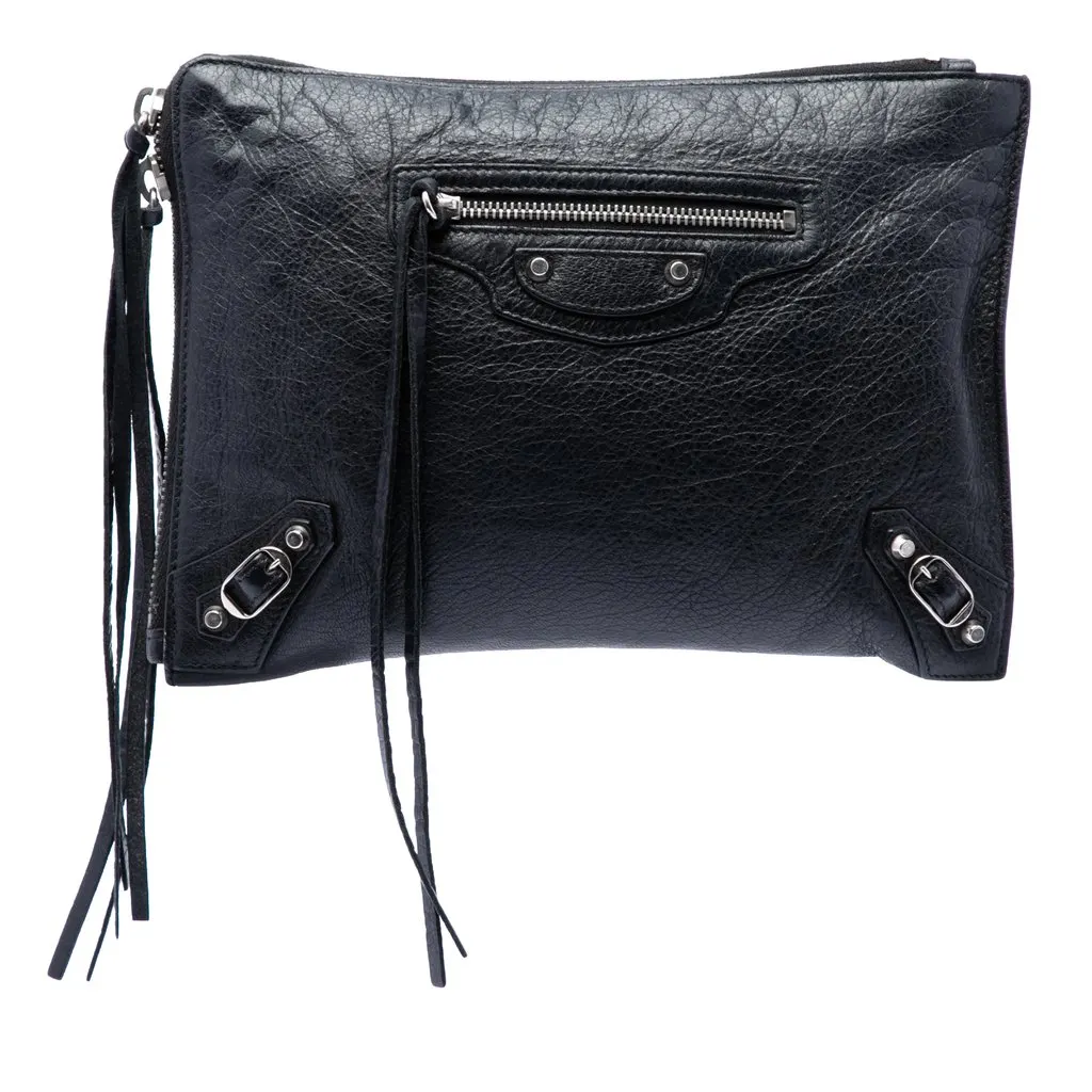 Balenciaga Lambskin Motocross Classic Flat Clutch Black Leather Very good - Front View