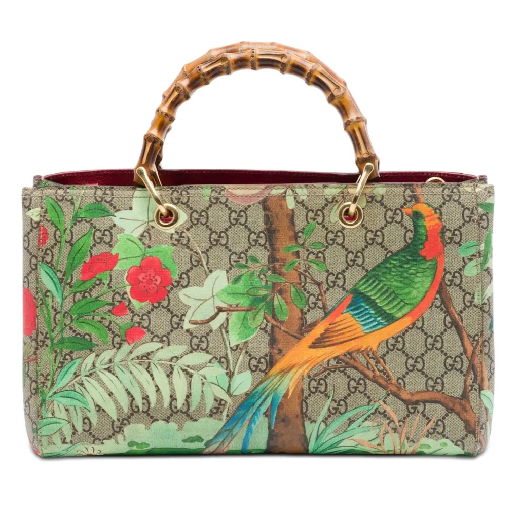 Gucci Medium GG Supreme Tian Bamboo Shopper Satchel Beige Very good - Front View