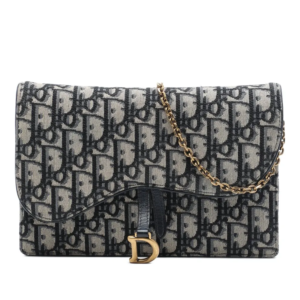 Dior Oblique Canvas Saddle Pouch Wallet on Chain Blue Canvas Very good - Front View