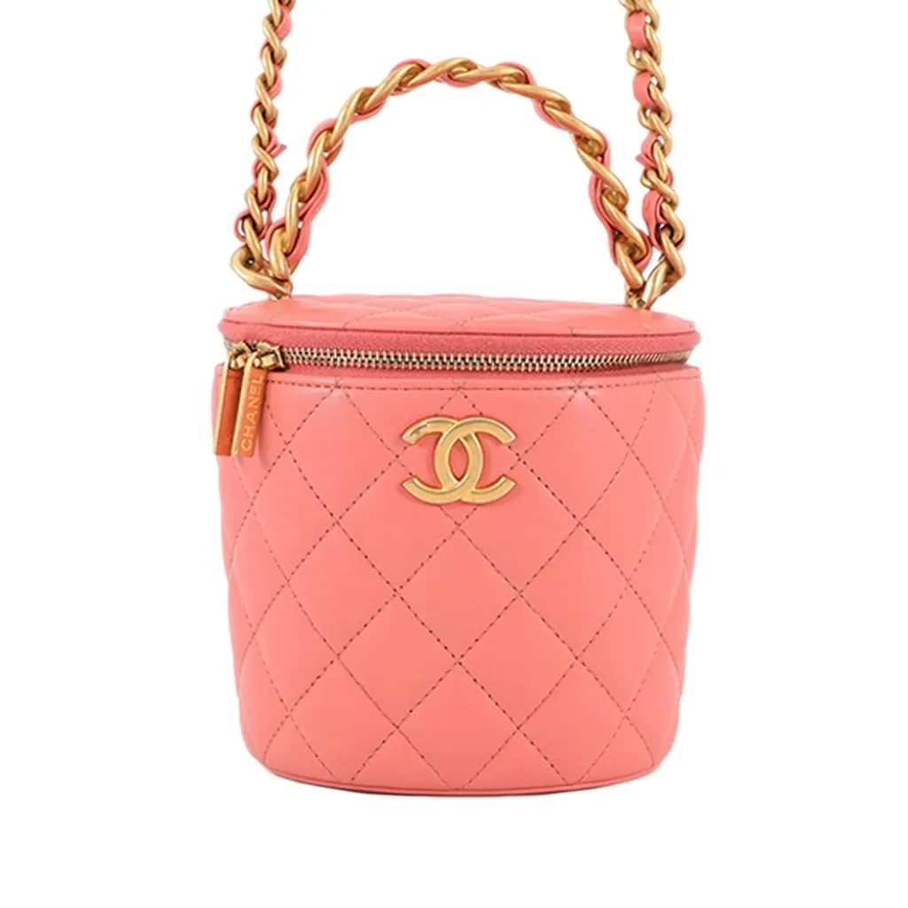 Chanel Quilted Lambskin Afternoon Tea Vanity Case with Chain Pink Leather Very good - Front View