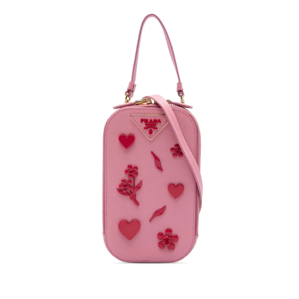 Prada Embellished Saffiano Lux Phone Pouch Pink Leather Very good - Front View