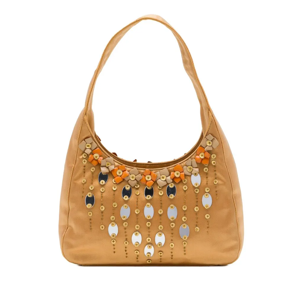 Prada Floral Embellished Satin Shoulder Bag Gold Satin Very good - Front View