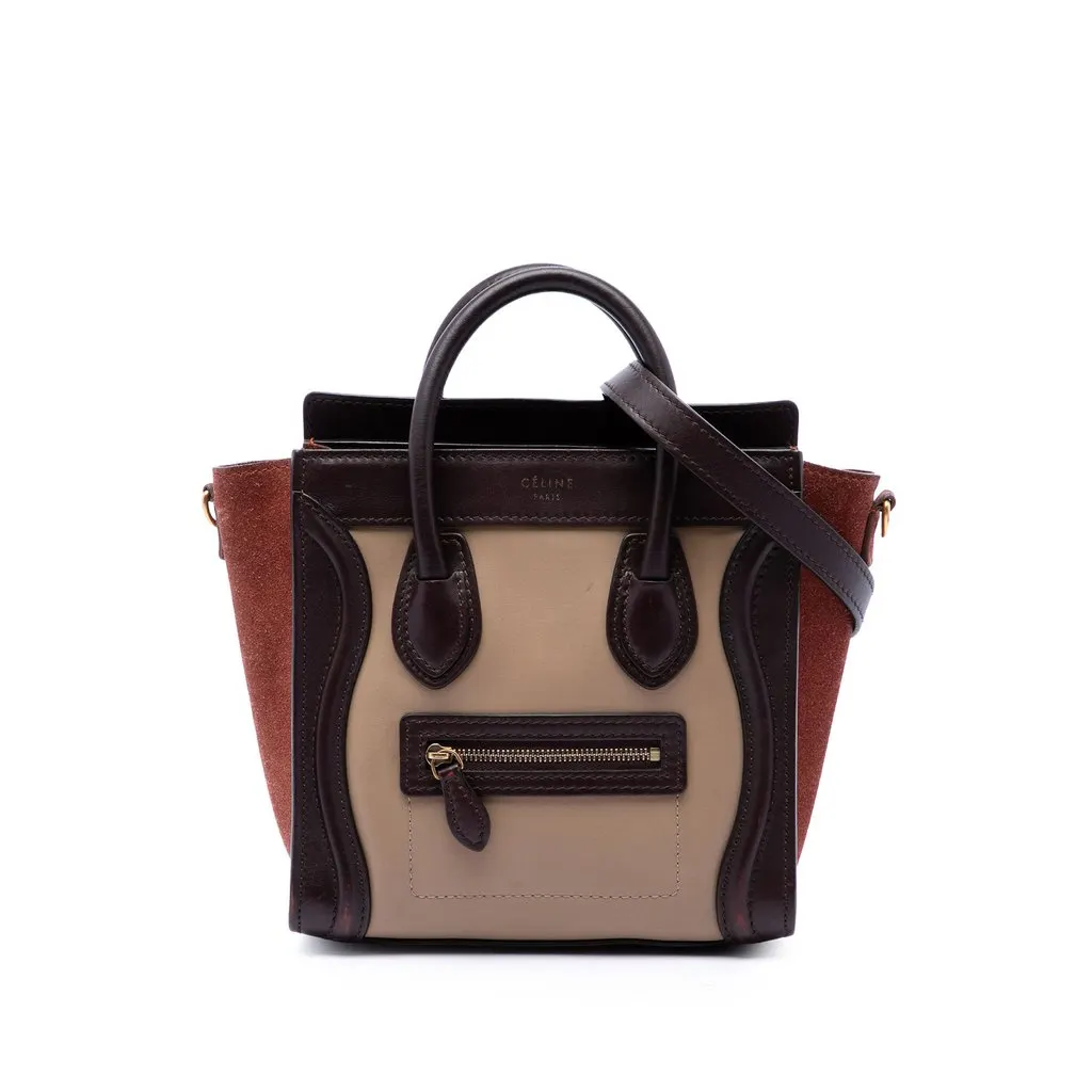 Celine Nano Tricolor Calfskin and Suede Luggage Tote Brown Leather Very good - Front View