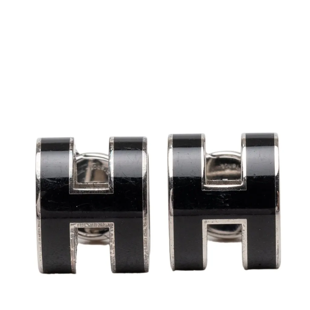 Hermès Lacquered Palladium Plated Mini Pop H Stud Earrings Silver Metal Very good - Front View
