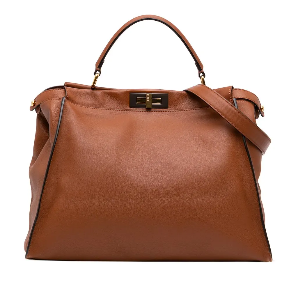 Fendi Large Leather Peekaboo Iconic Satchel Brown Leather Good - Front View