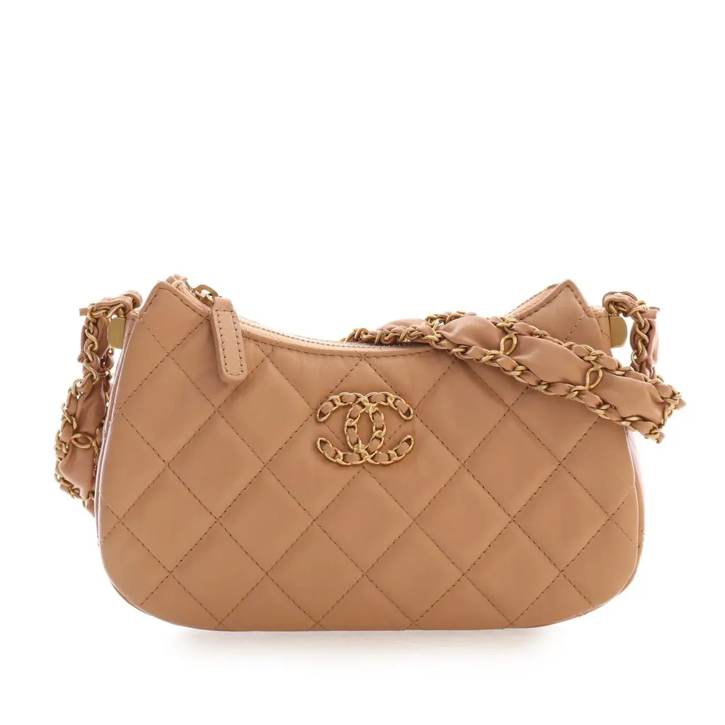 Chanel Small Quilted Aged Calfskin Chanel 19 Hobo Beige Leather Very good - Front View