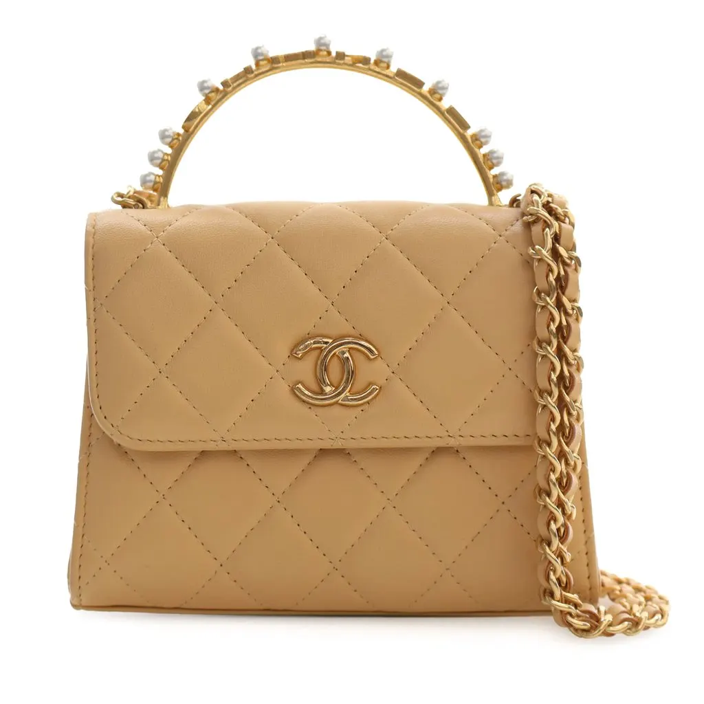 Chanel CC Quilted Lambskin Faux Pearl Top Handle Flap Beige Leather Very good - Front View