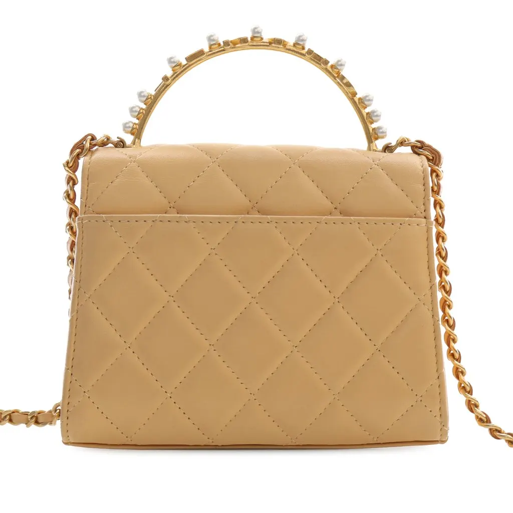 Chanel CC Quilted Lambskin Faux Pearl Top Handle Flap Beige Leather Very good - Back View
