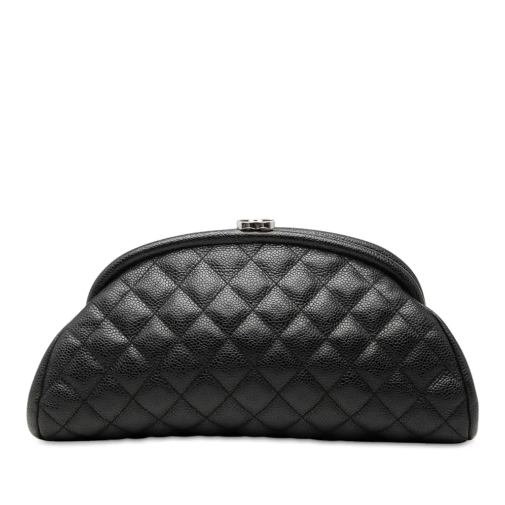 Chanel Quilted Caviar Timeless Kisslock Clutch Black Leather Very good - Front View