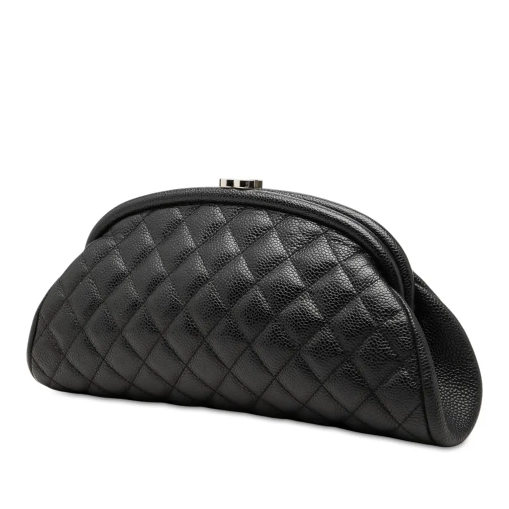 Chanel Quilted Caviar Timeless Kisslock Clutch Black Leather Very good - Back View