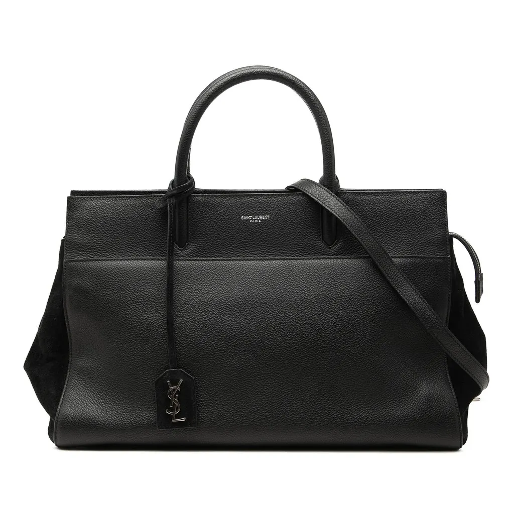 Saint Laurent Medium Grained Calfskin Cabas Rive Gauche Satchel Black Leather Good - Front View
