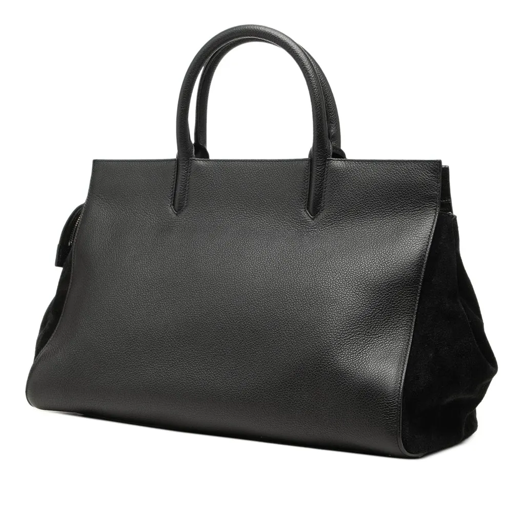 Saint Laurent Medium Grained Calfskin Cabas Rive Gauche Satchel Black Leather Good - Back View