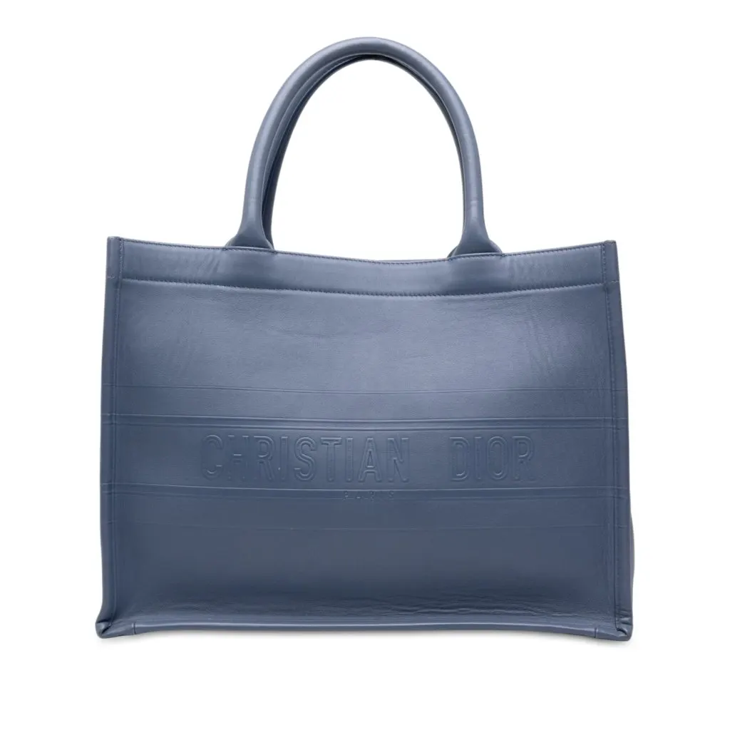 Dior Medium Embossed Leather Book Tote Blue Leather Good - Front View
