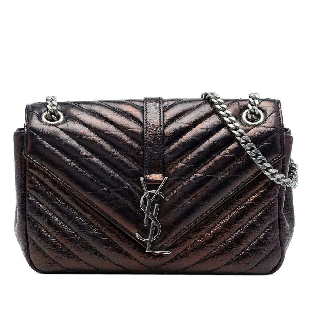 Saint Laurent Medium Chevron Metallic Crinkled Calfskin Punk Chain Bag Black Leather Good - Front View