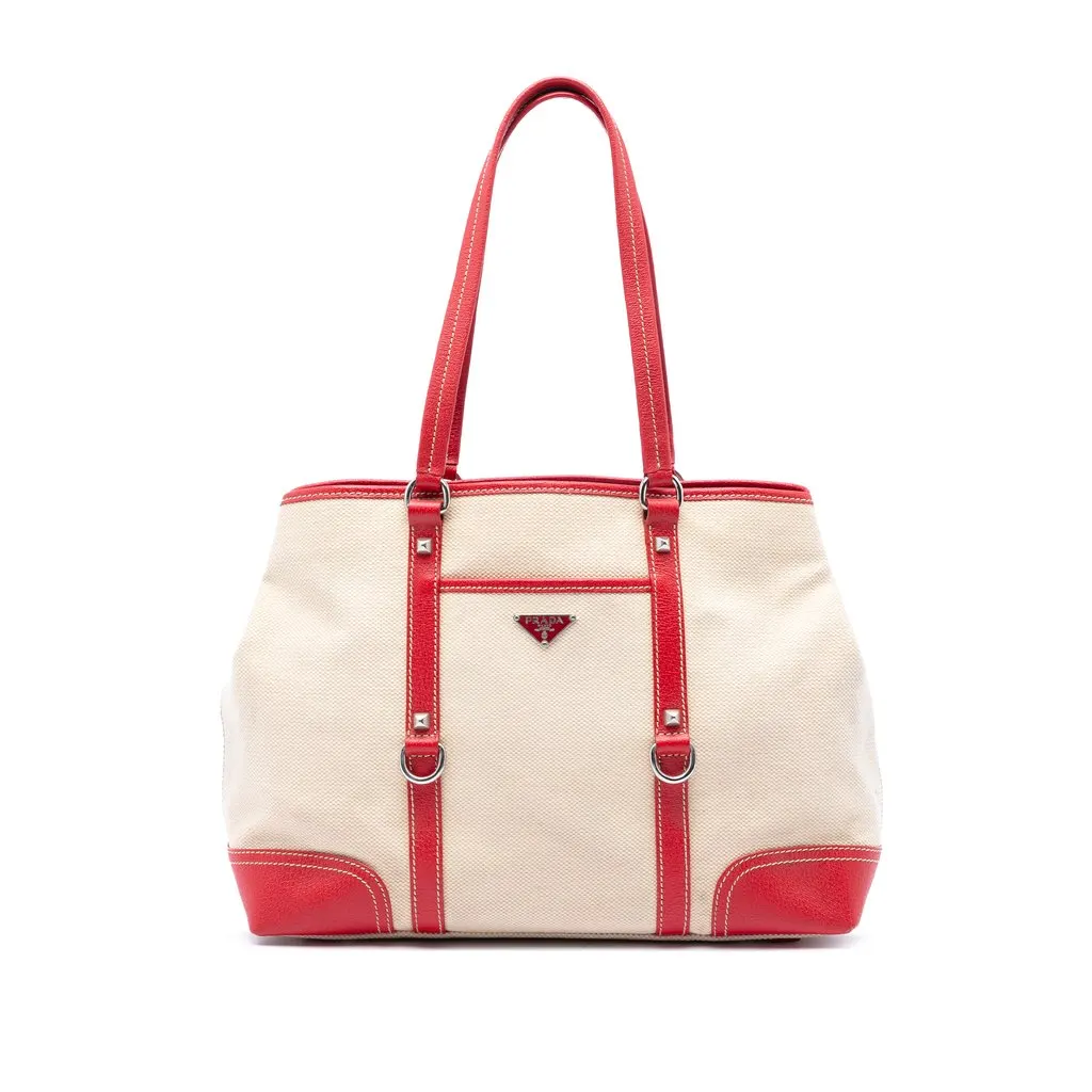 Prada Studded Leather Trimmed Canvas Front Pocket Tote Beige Very good - Front View