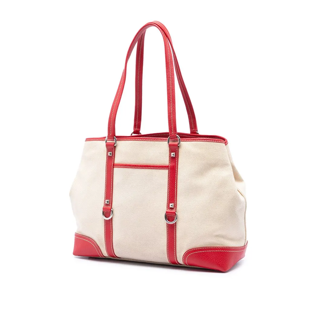 Prada Studded Leather Trimmed Canvas Front Pocket Tote Beige Very good - Back View