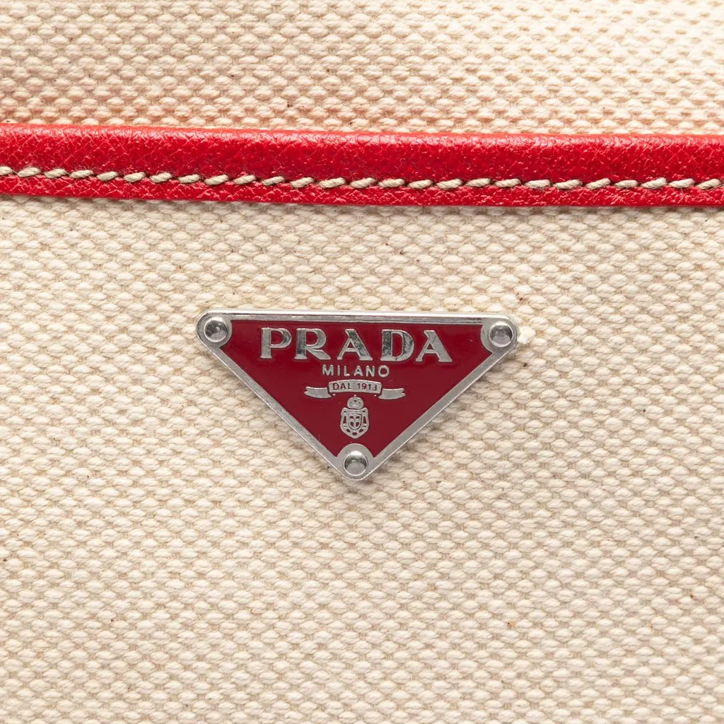 Prada Studded Leather Trimmed Canvas Front Pocket Tote Beige Very good - Box View
