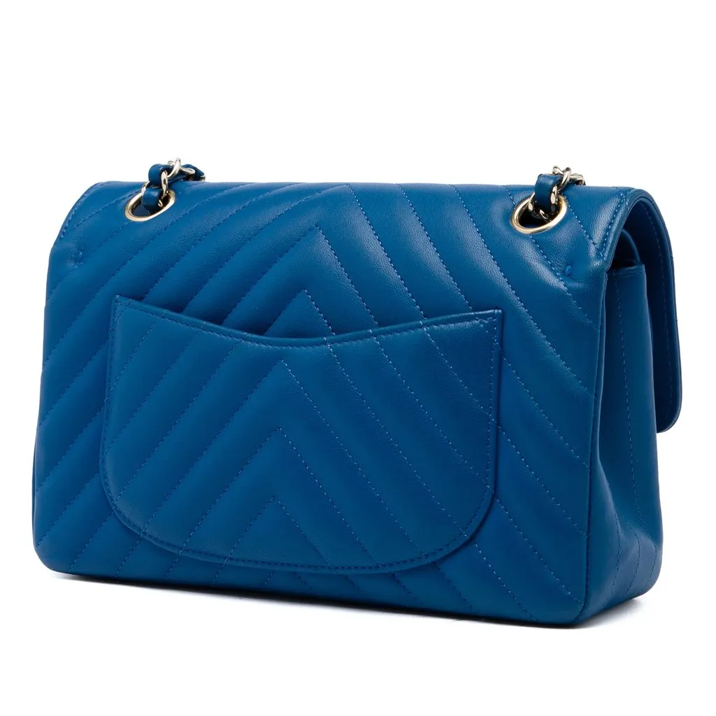 Chanel Small Classic Chevron Lambskin Double Flap Blue Leather Very good - Back View