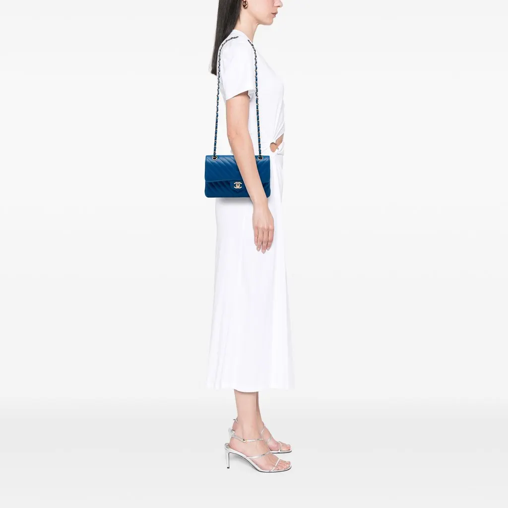 Chanel Small Classic Chevron Lambskin Double Flap Blue Leather Very good - Box View