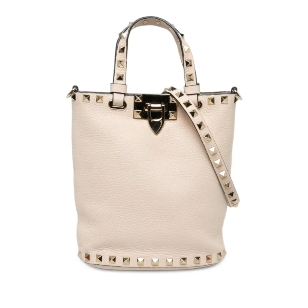 Valentino Leather Rockstud Bucket Bag White Leather Very good - Front View