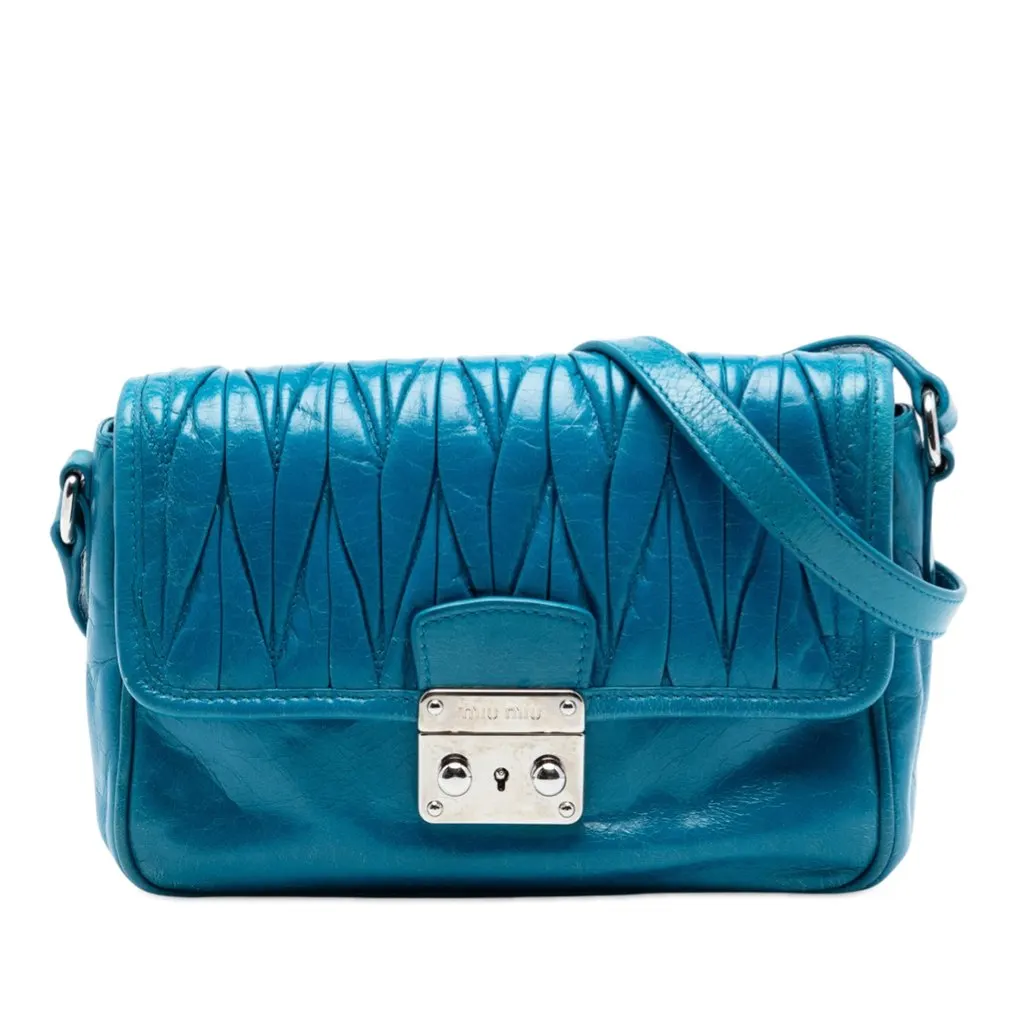 Miu Miu Matelasse Lambskin Flap Crossbody Blue Leather Good - Front View