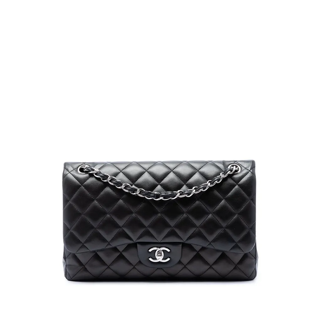 Chanel Jumbo Classic Lambskin Double Flap Black Leather Very good - Front View