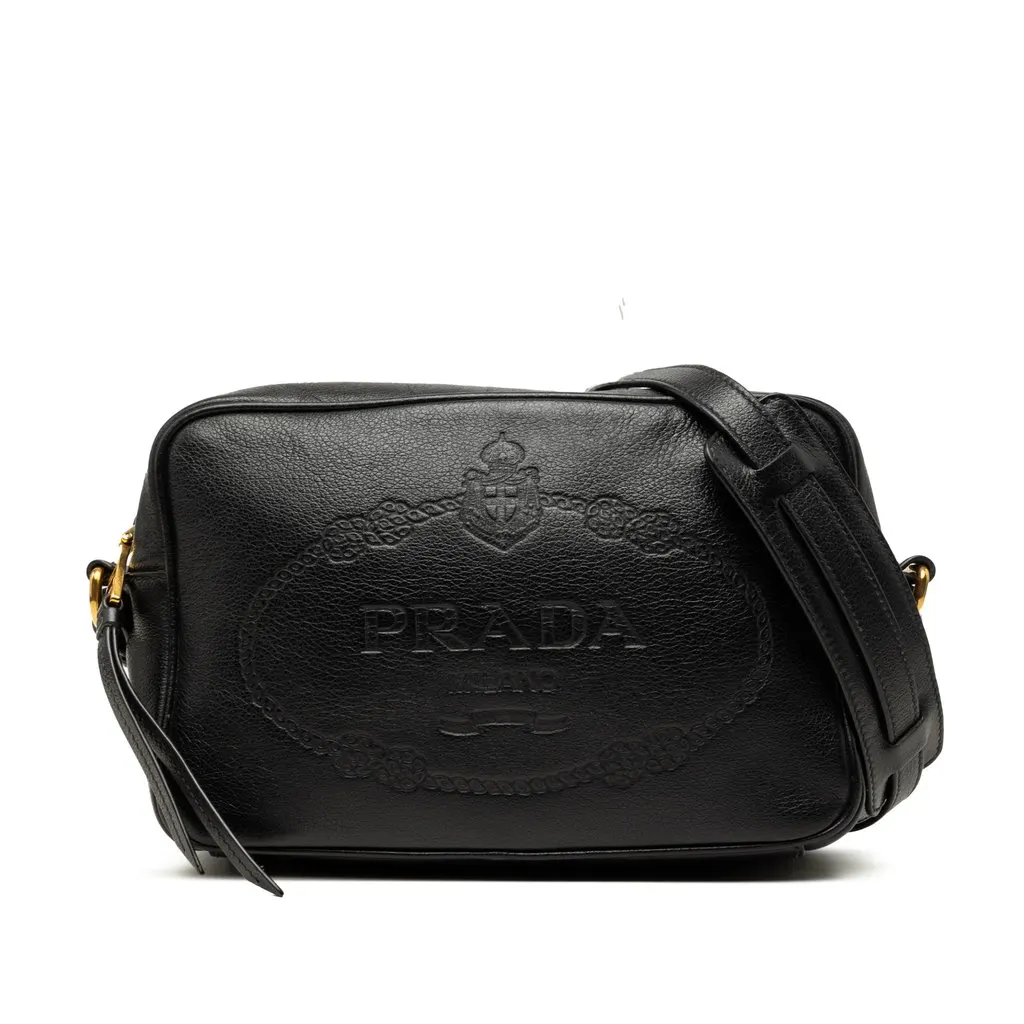 Prada Glace Calfskin Embossed Logo Camera Bag Black Leather Very good - Front View