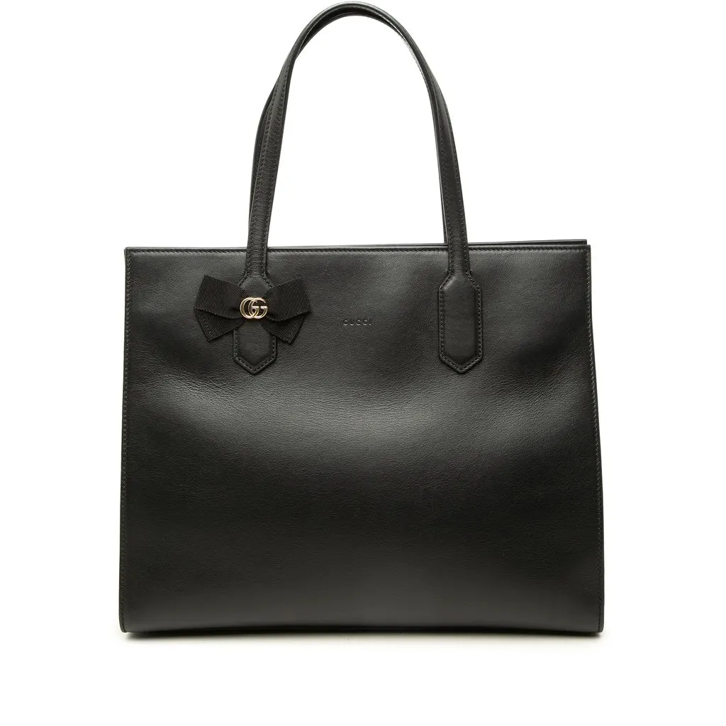 Gucci GG Marmont Calfskin Ribbon Tote Black Leather Good - Front View