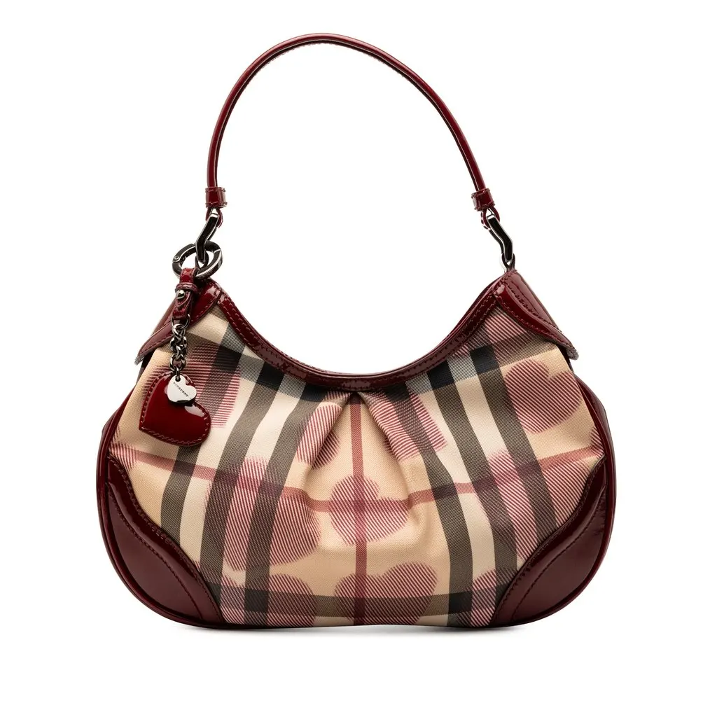 Burberry Small Nova Check Coated Canvas Hearts Hernville Hobo Beige Very good - Front View