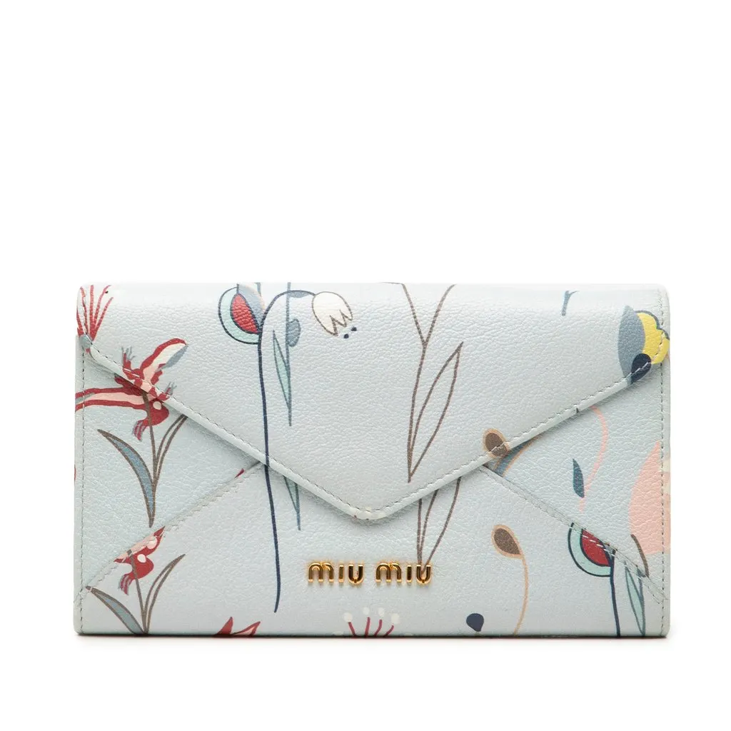 Miu Miu Goatskin Floral Print Envelope Wallet Blue Leather Very good - Front View