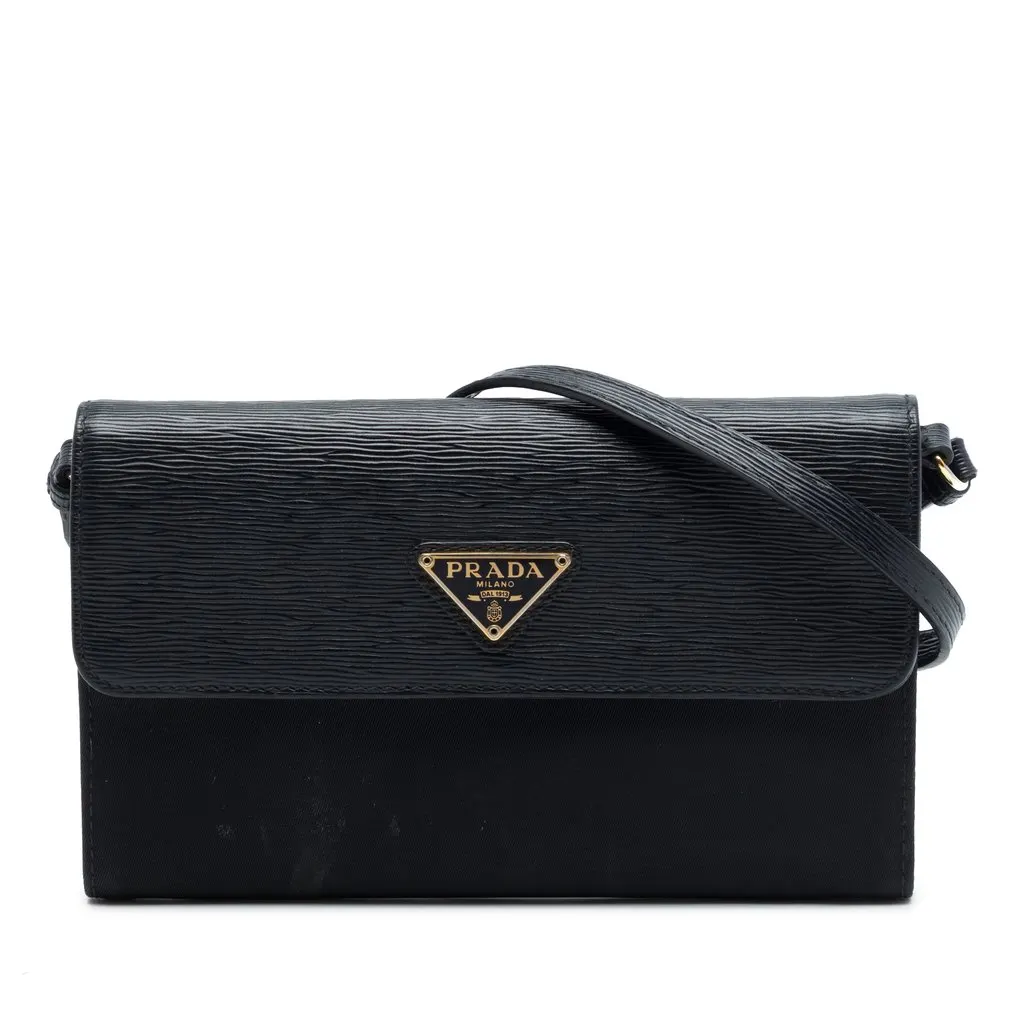 Prada Vitello Move and Tessuto Wallet On Strap Black Polyamide Very good - Front View